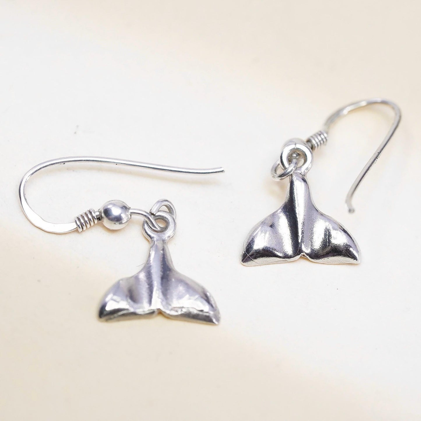 Vintage Sterling silver handmade earrings, 925 silver whale tail dangles