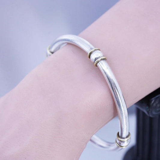8", Mexican 925 Sterling Silver Bangle, Brass Bead Cuff, Taxco slide Bracelet