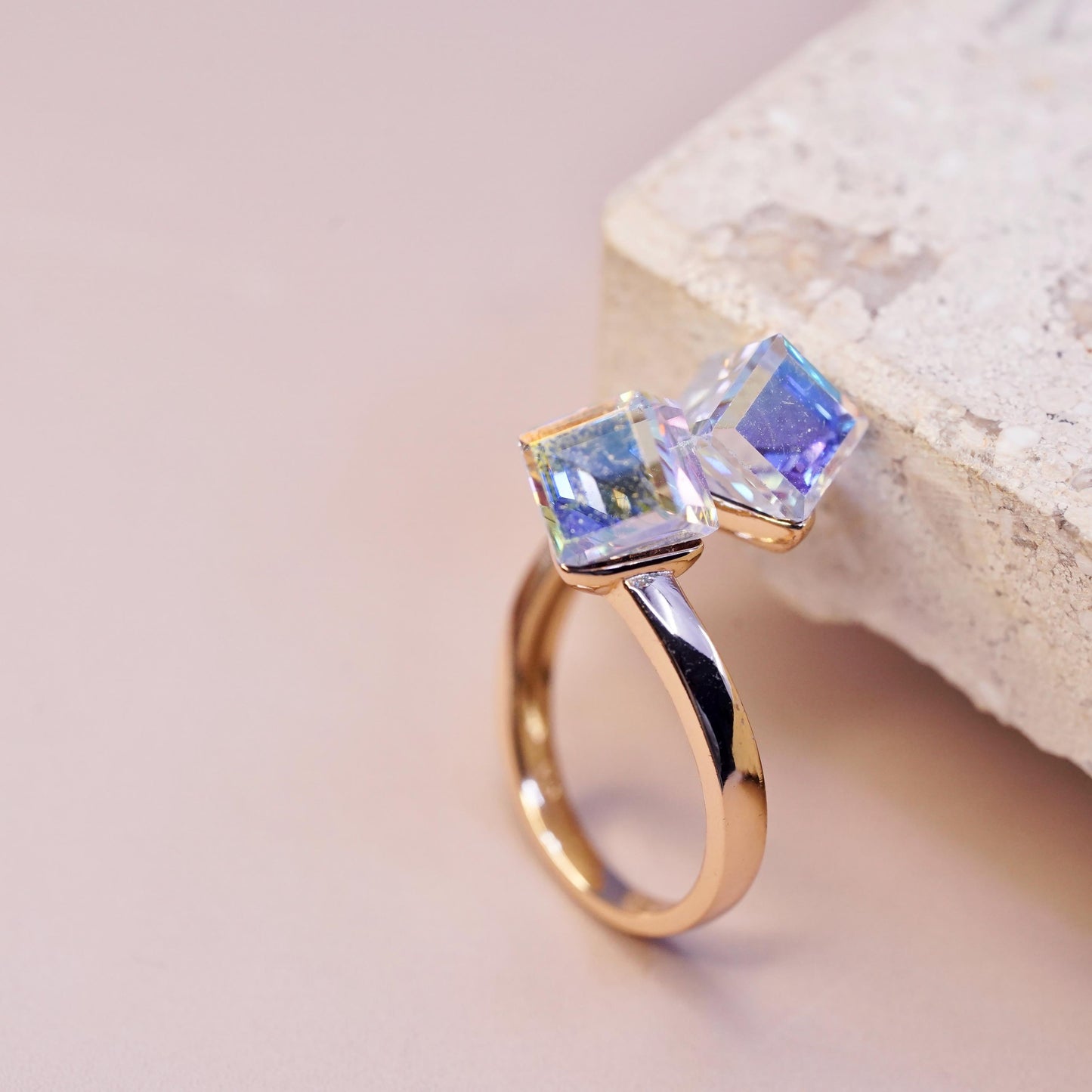 Size adjustable, gold plated sterling 925 silver wrap ring ab crystal cube ends