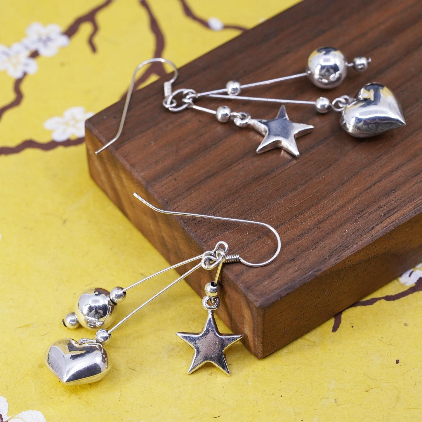 Vintage Sterling silver handmade earrings, 925 heart star bead dangles