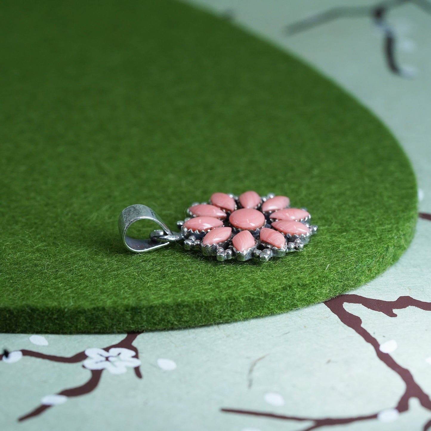 Natuve American southwestern sterling silver 925 handmade flower pendant coral