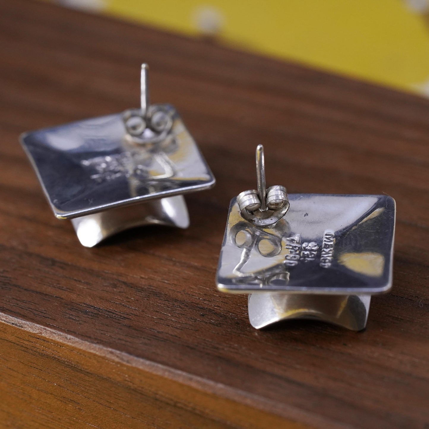 Vintage Sterling silver handmade earrings, Mexican ribbed 925 square studs