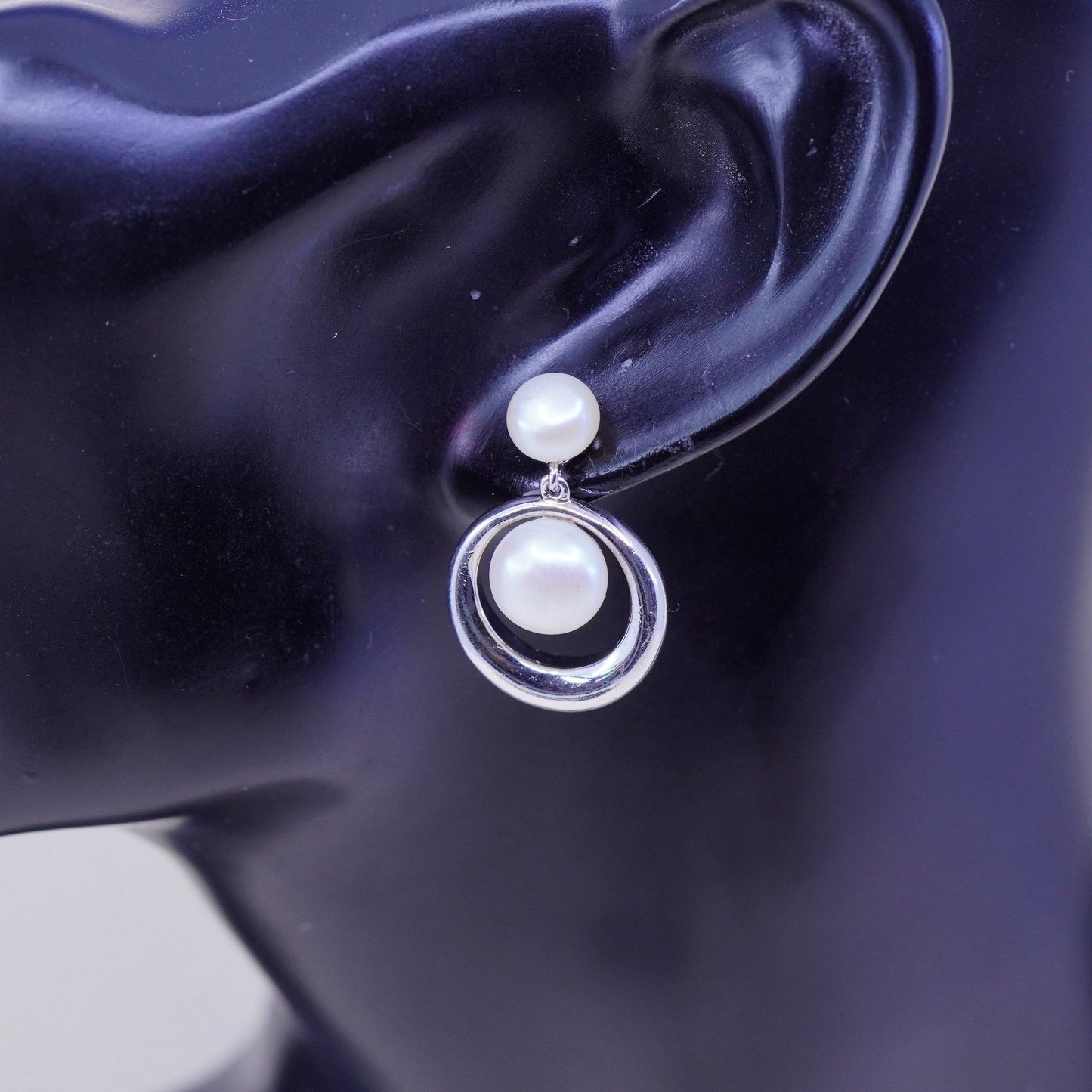 Vintage sterling silver handmade earrings, 925 circle dangles with pearl