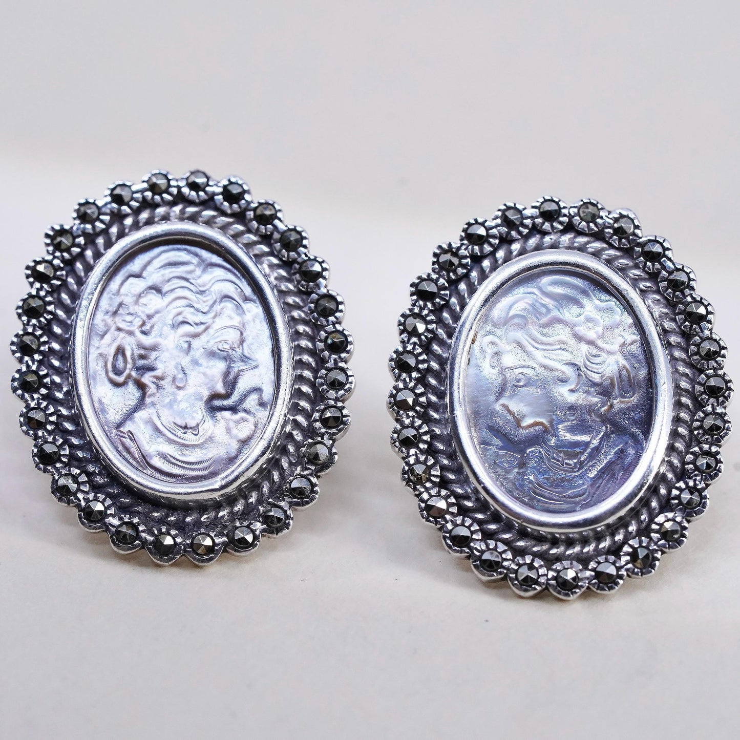 925 Sterling Silver Cameo Earrings, Marcasite Earrings, Mother of Pearl Studs