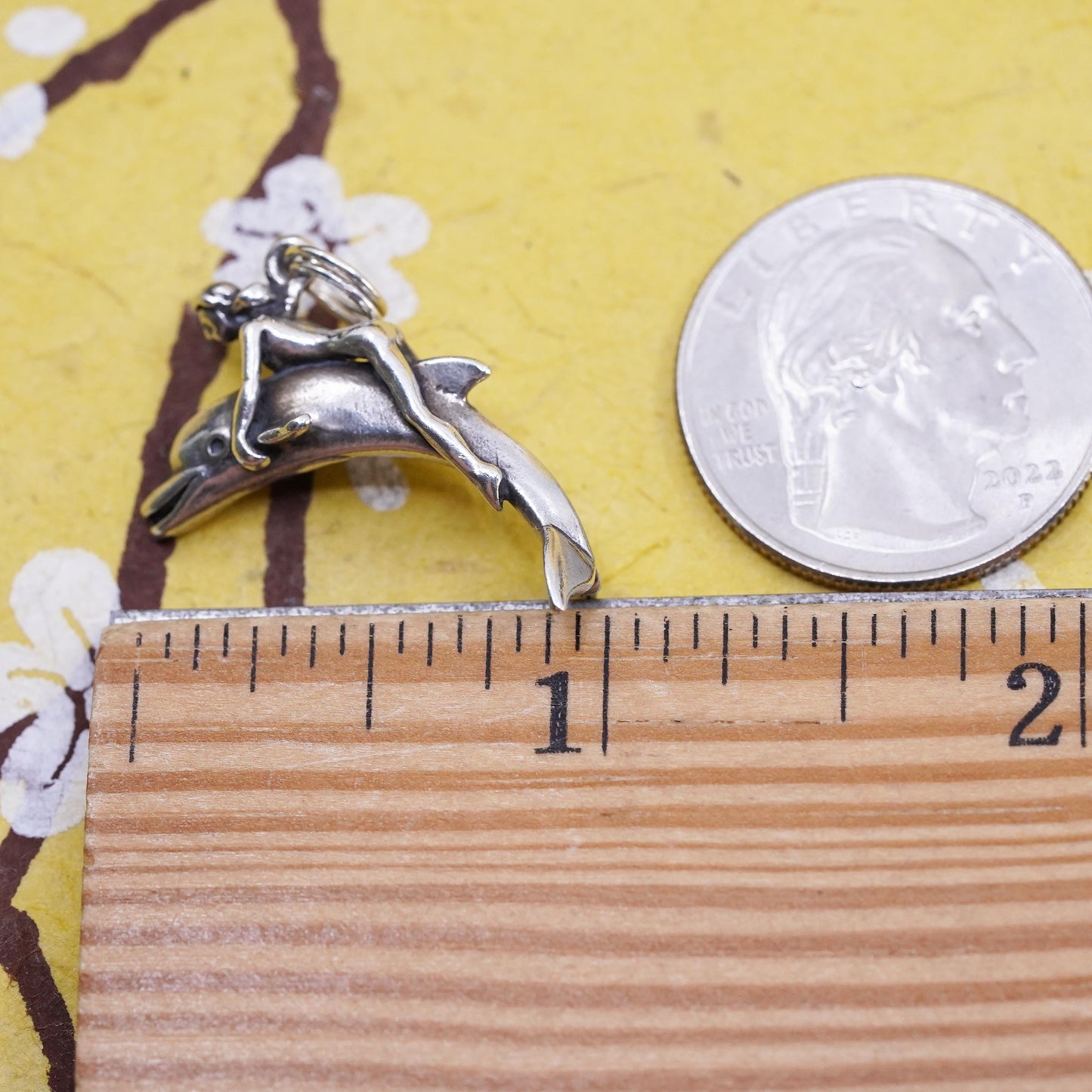 Vintage Sterling Silver girl Riding Dolphin Pendant, Ocean Jewelry, 925 pendant