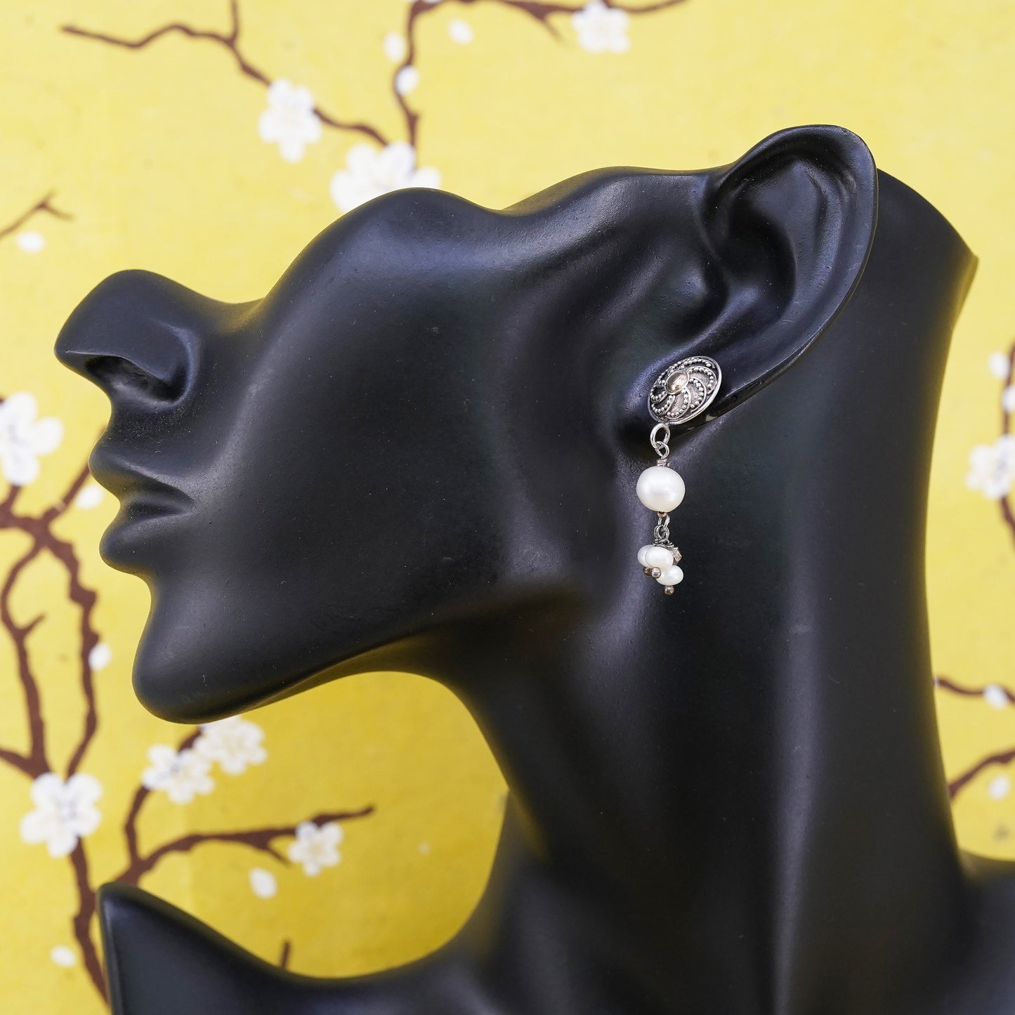 sterling silver earrings with 14K gold dot, bali 925 discs with pearl beads