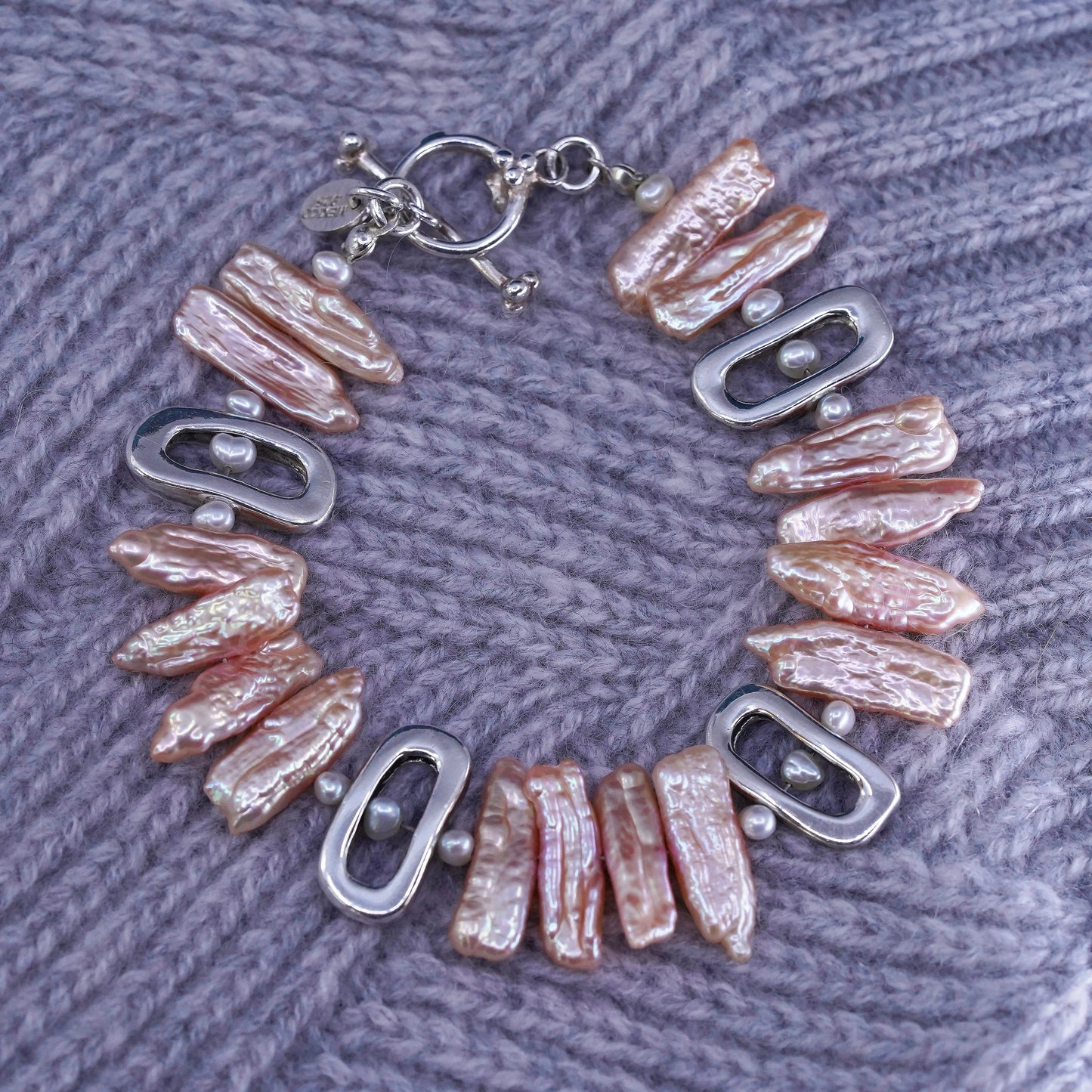 7.25", Sterling 925 silver handmade bracelet with baroque orange pearl beads