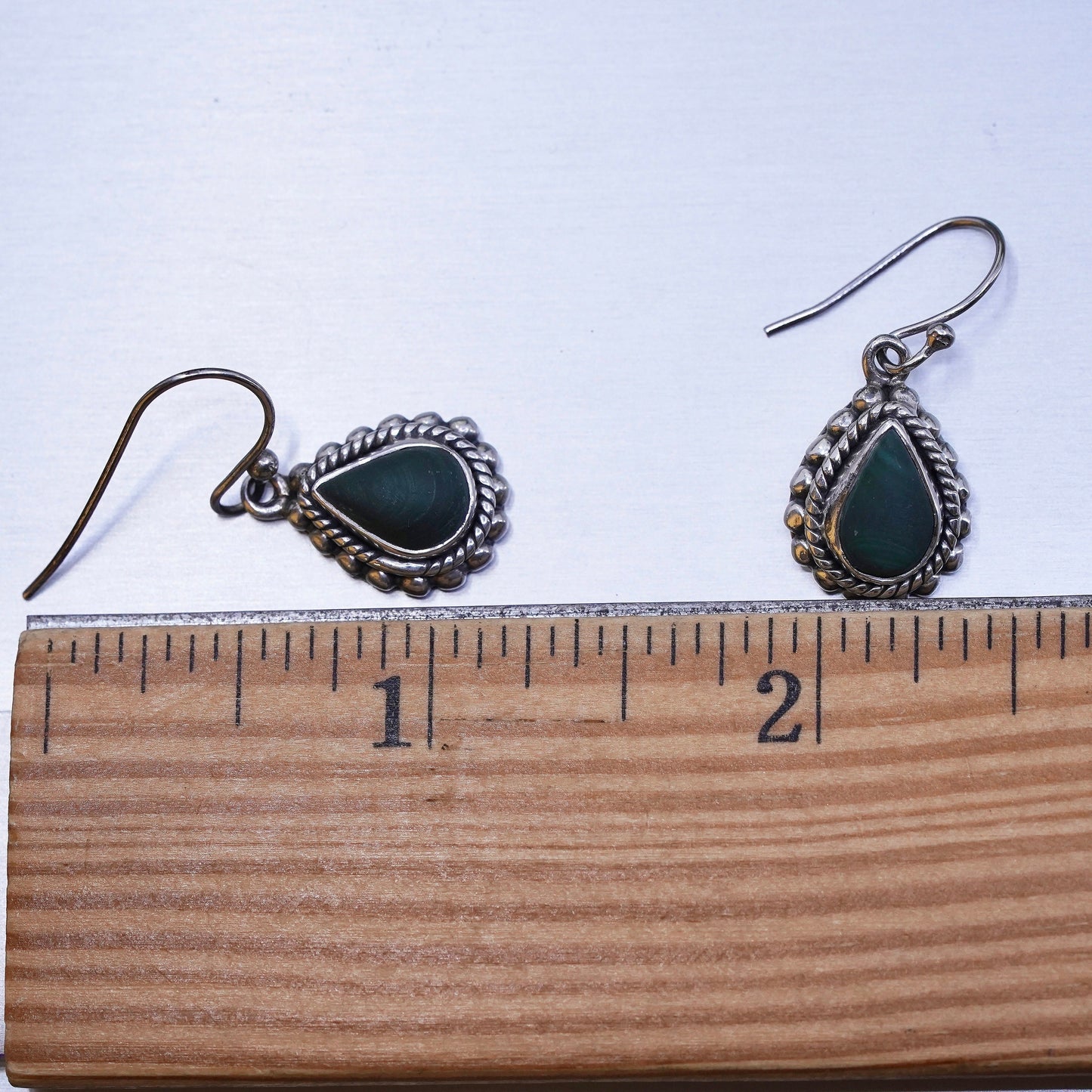 Mexican sterling 925 silver handmade earrings with teardrop malachite beads