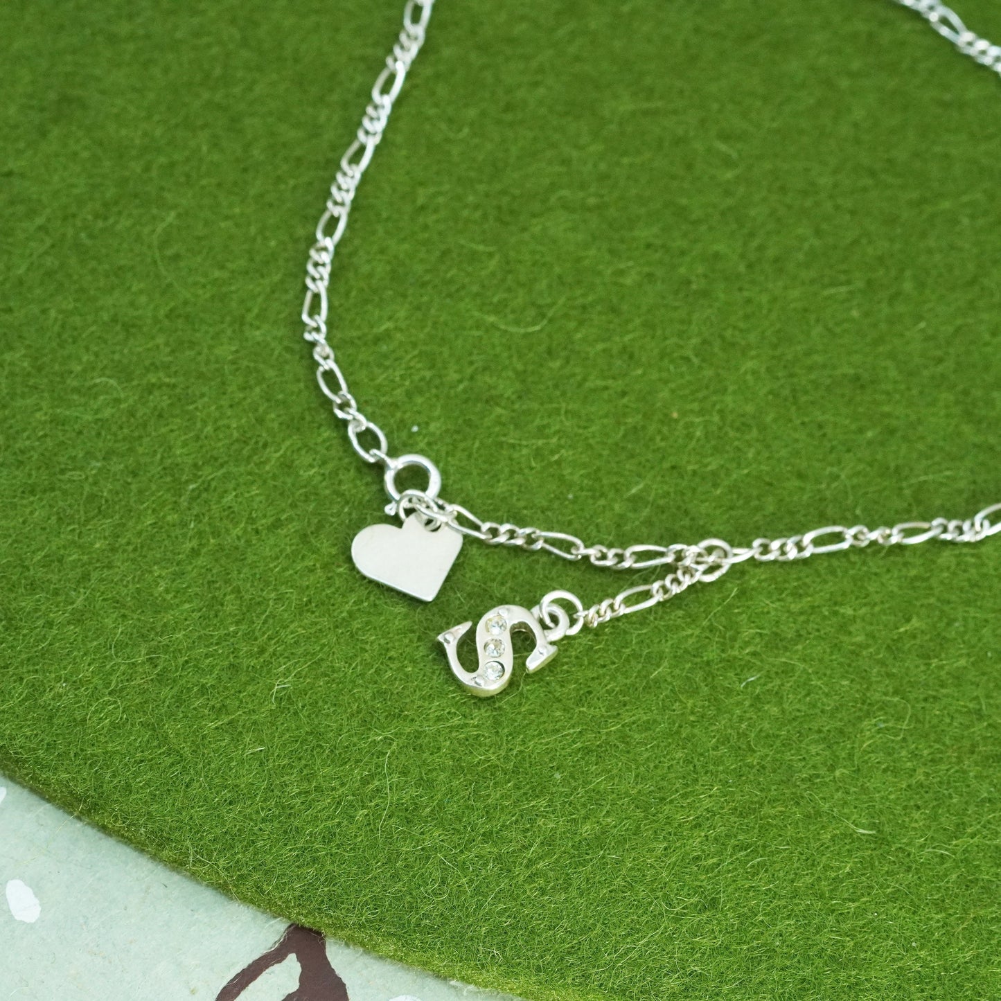 10”, sterling 925 silver bracelet, Italy figaro chain w/ heart Letter S charms