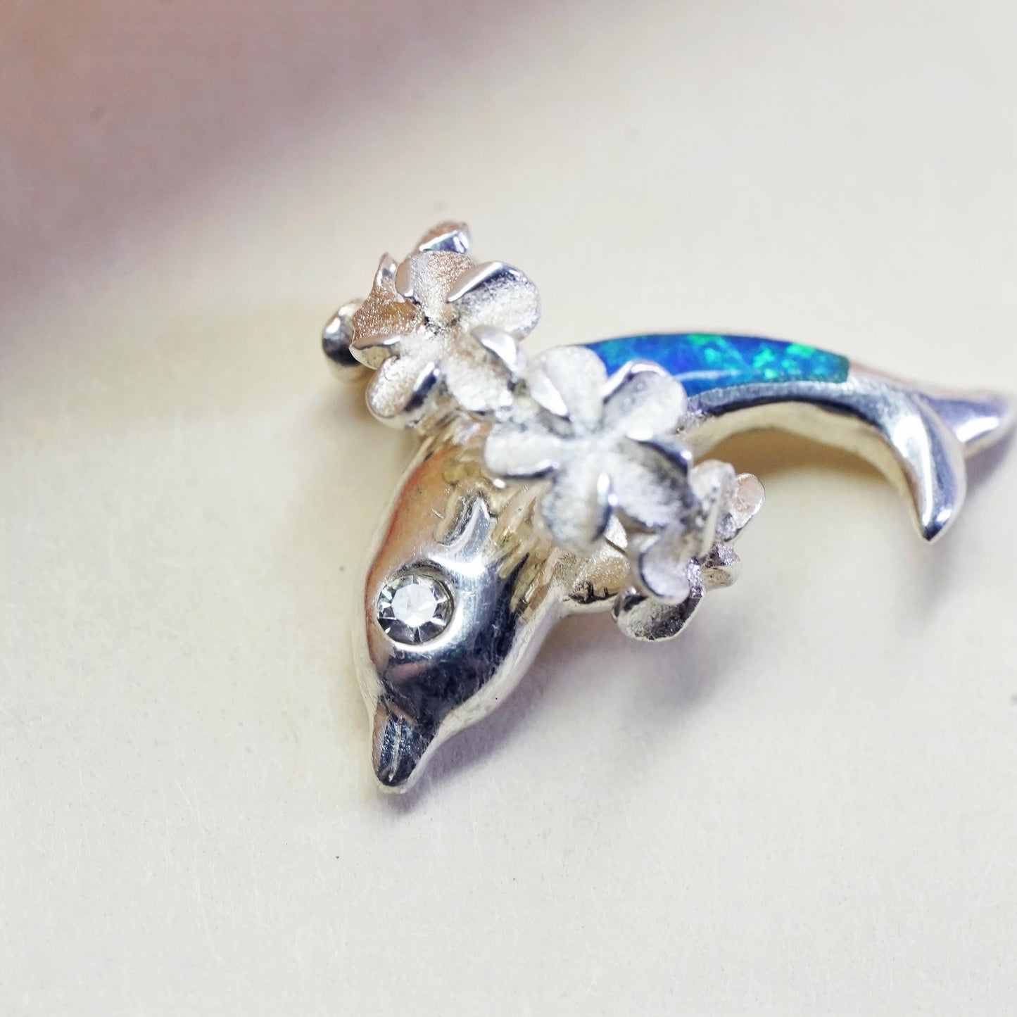 Vintage Sterling silver pendant, 925 dolphin with opal inlay, plumeria flower