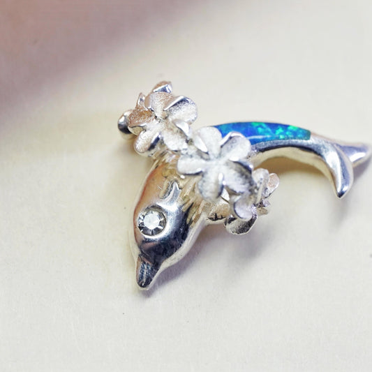 Vintage Sterling silver pendant, 925 dolphin with opal inlay, plumeria flower
