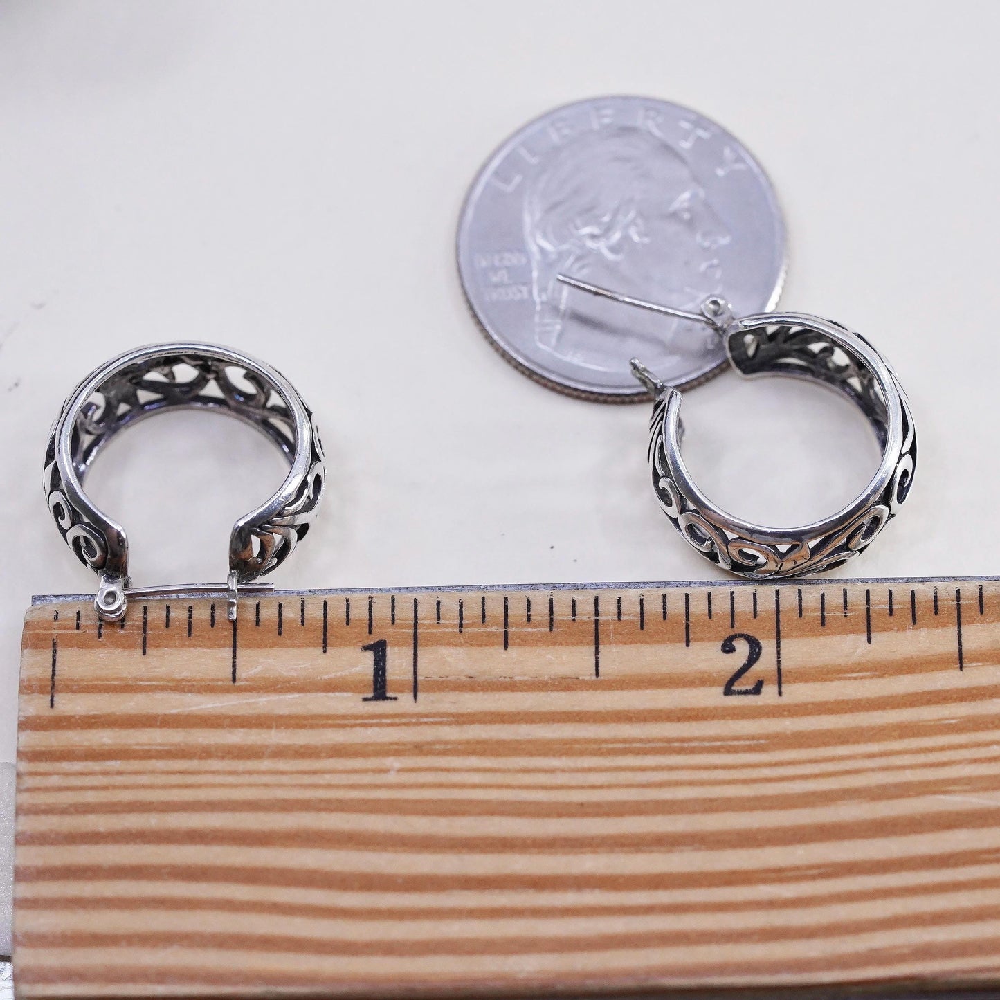 0.75", Vintage sterling silver loop earrings, filigree hoops
