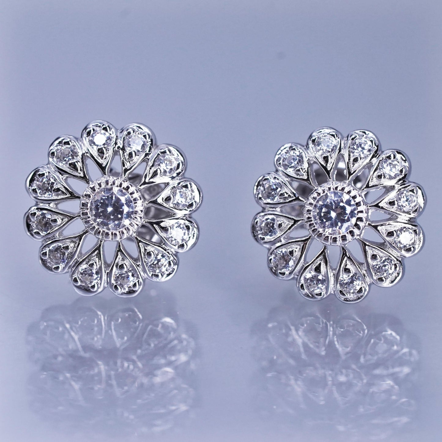 Vintage Sterling 925 silver handmade earrings, flower studs with cz