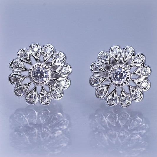 Vintage Sterling 925 silver handmade earrings, flower studs with cz