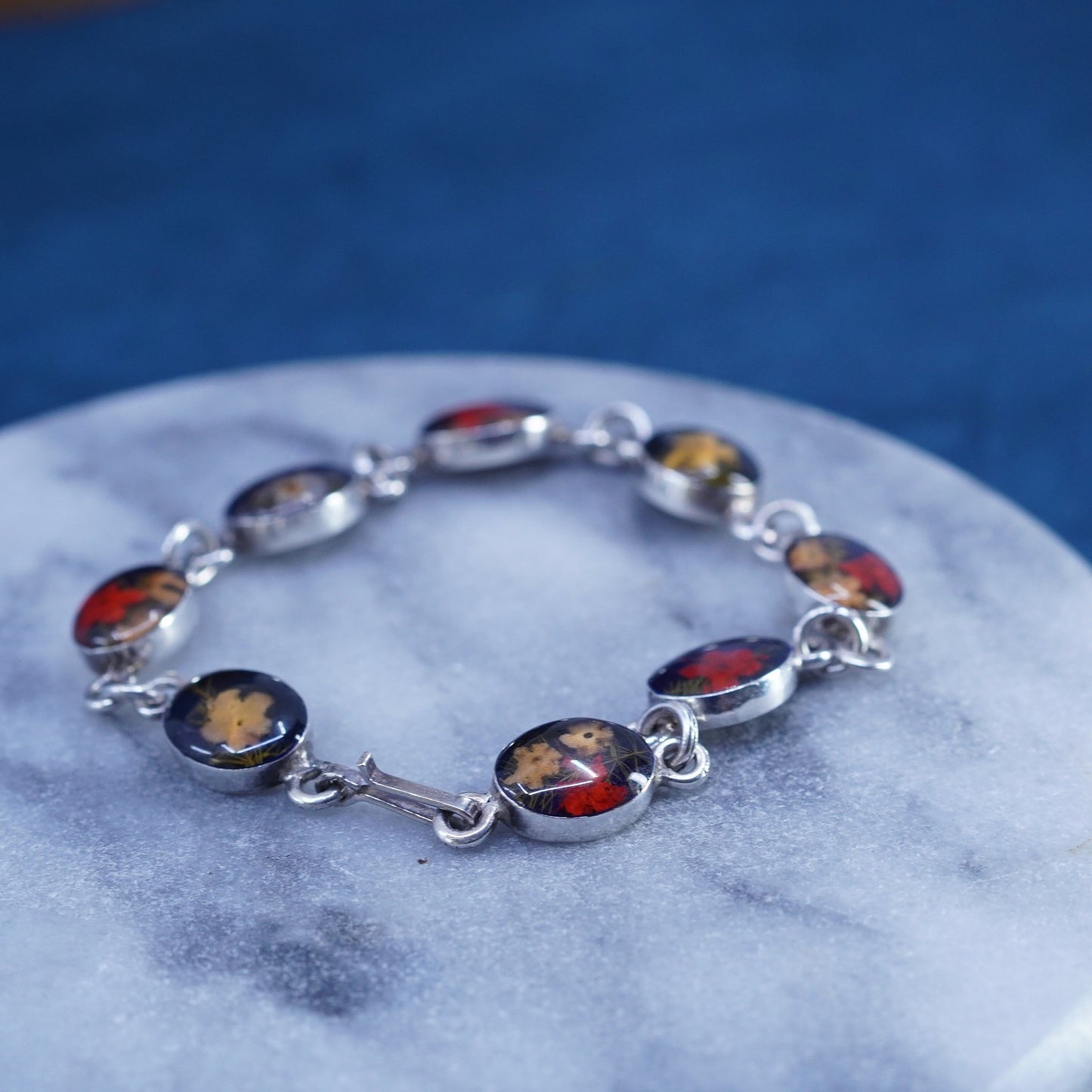 7.75”, vintage Sterling 925 silver handmade tennis bracelet with floral resin