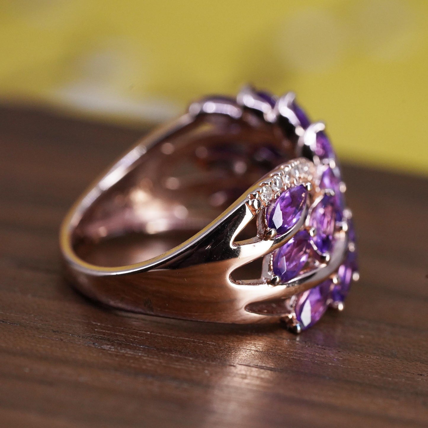 Size 7.25, PM vermeil rose gold over Sterling 925 silver ring amethyst diamonds