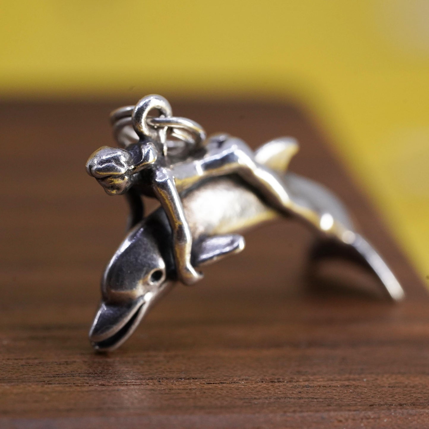 Vintage Sterling Silver girl Riding Dolphin Pendant, Ocean Jewelry, 925 pendant