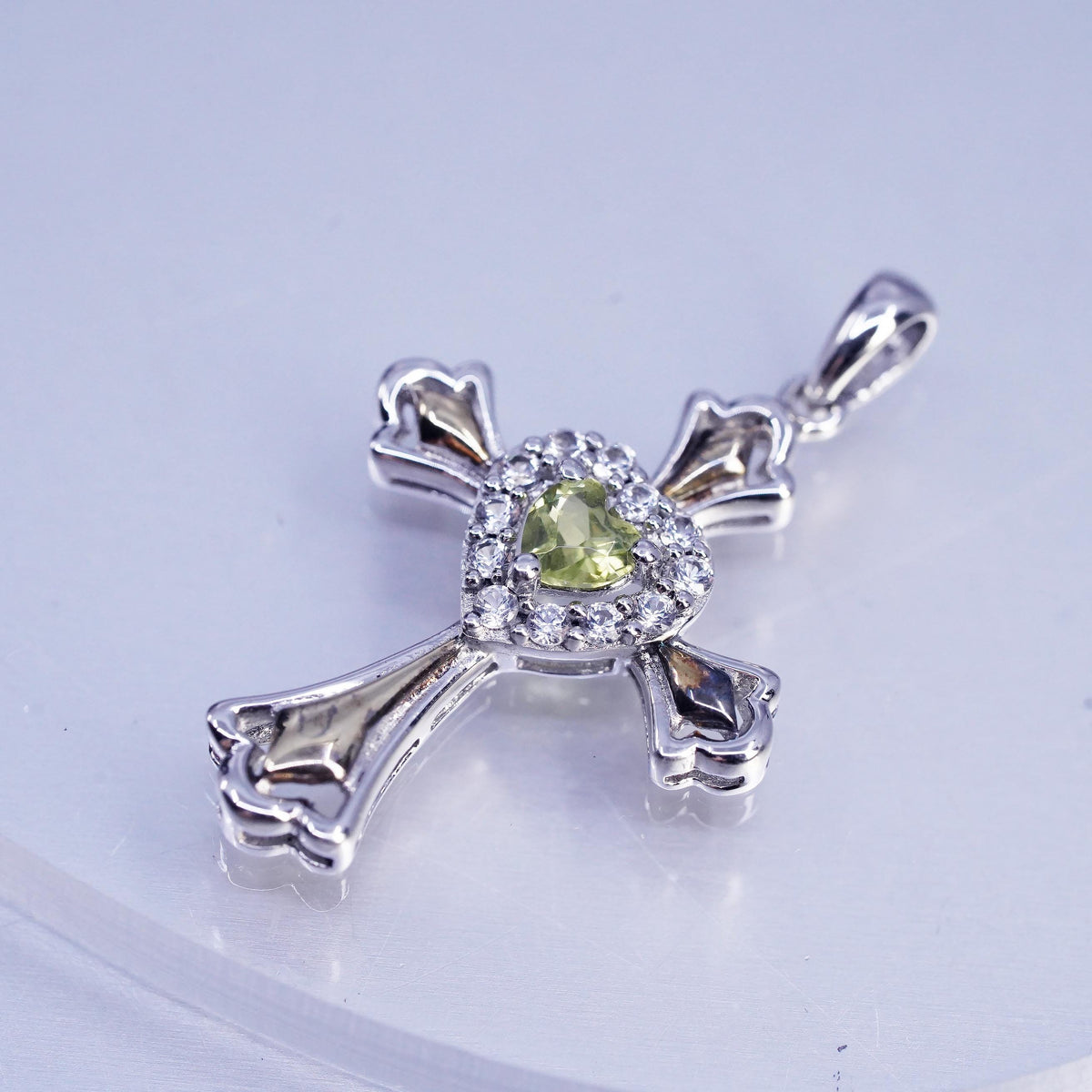 Vintage sterling 925 silver cross pendant with heart peridot cluster CZ crystal