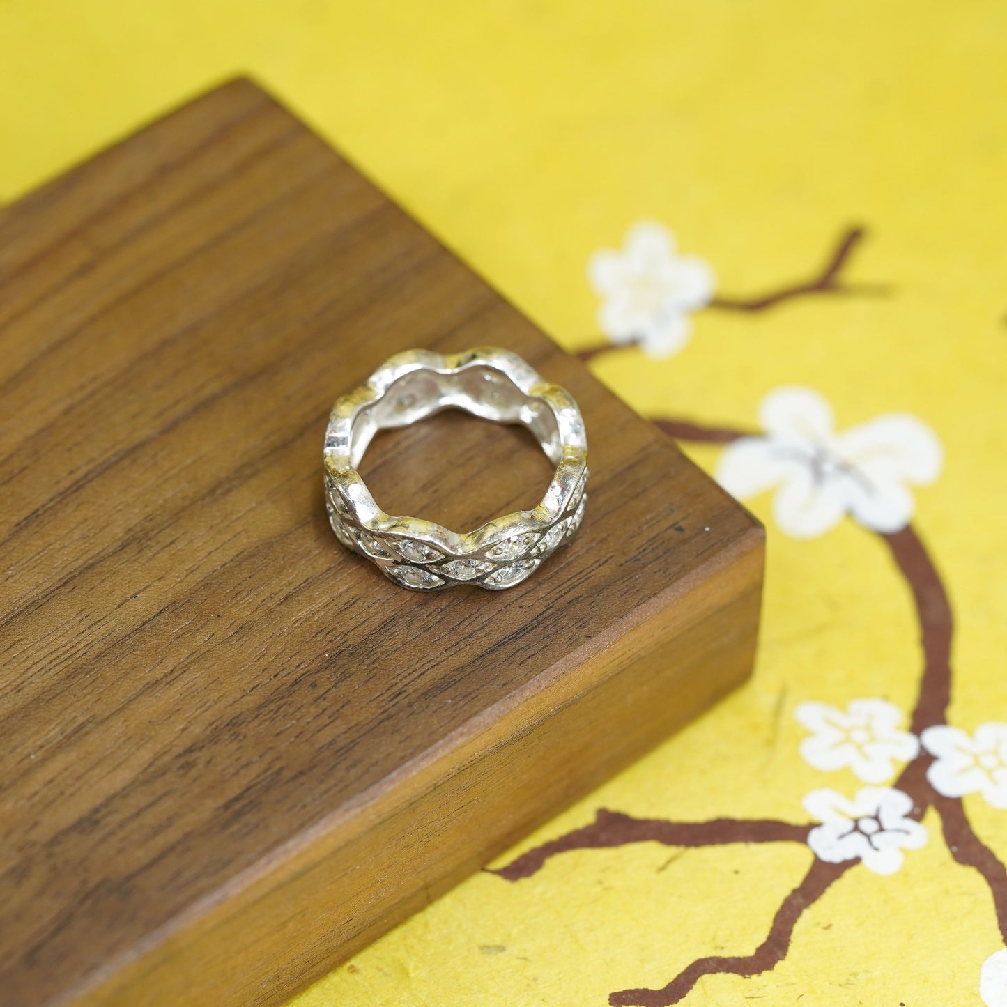 Size 7, vintage Sterling 925 silver anniversary ring with cluster cz