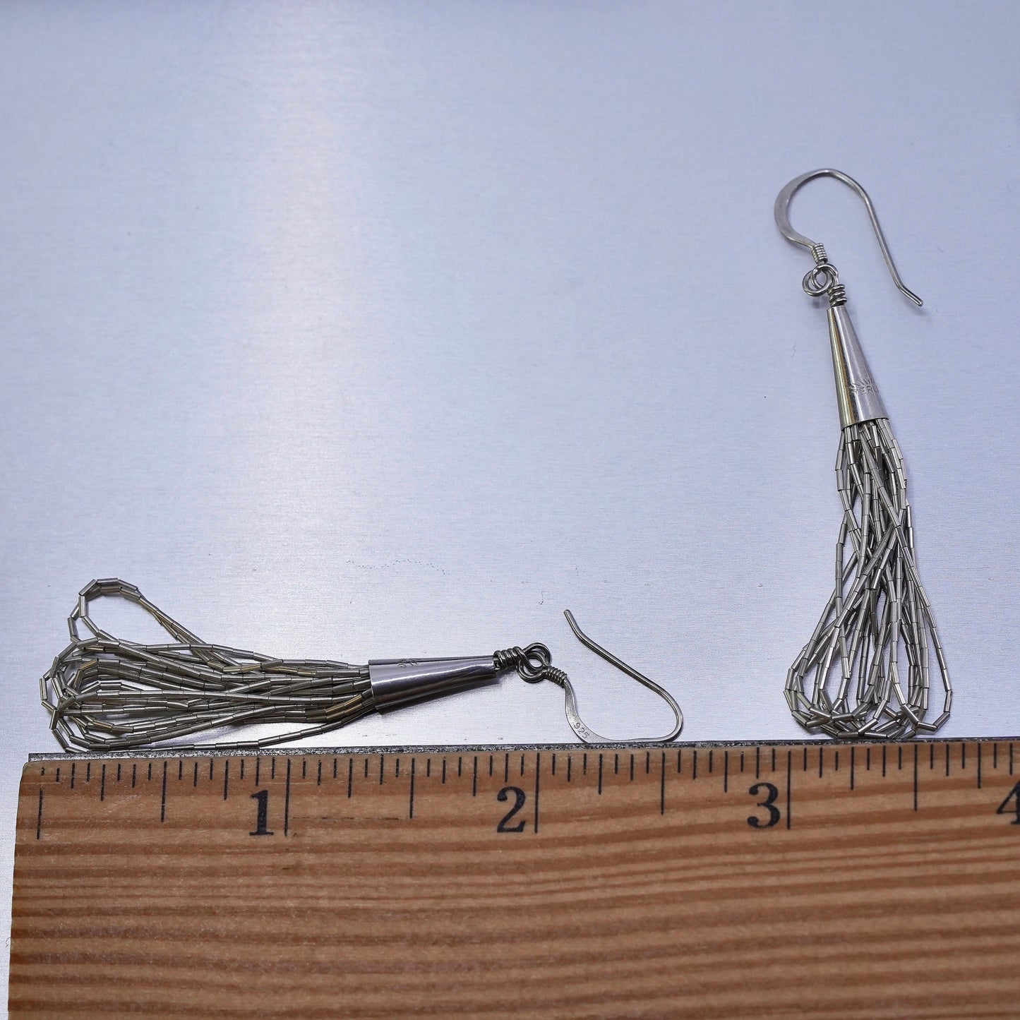 Vintage sterling 925 liquid silver handmade earrings with fringe drops