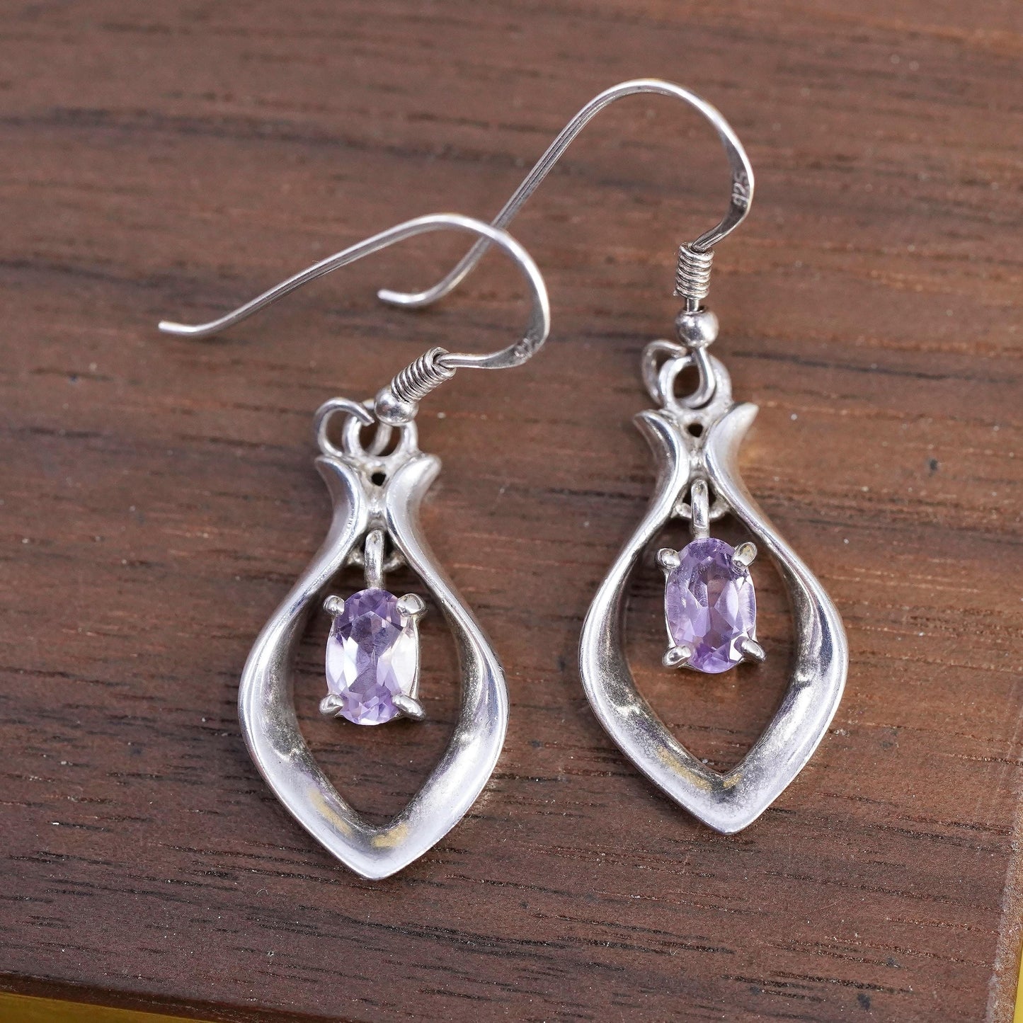 Vintage Sterling 925 silver handmade teardrop earrings with amethyst