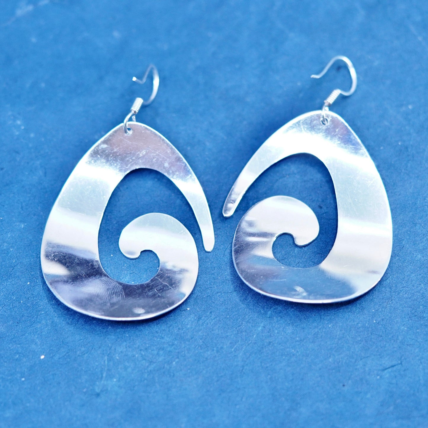 Vintage Sterling Silver handmade Earrings. Huge curvy swirly 925 teardrop