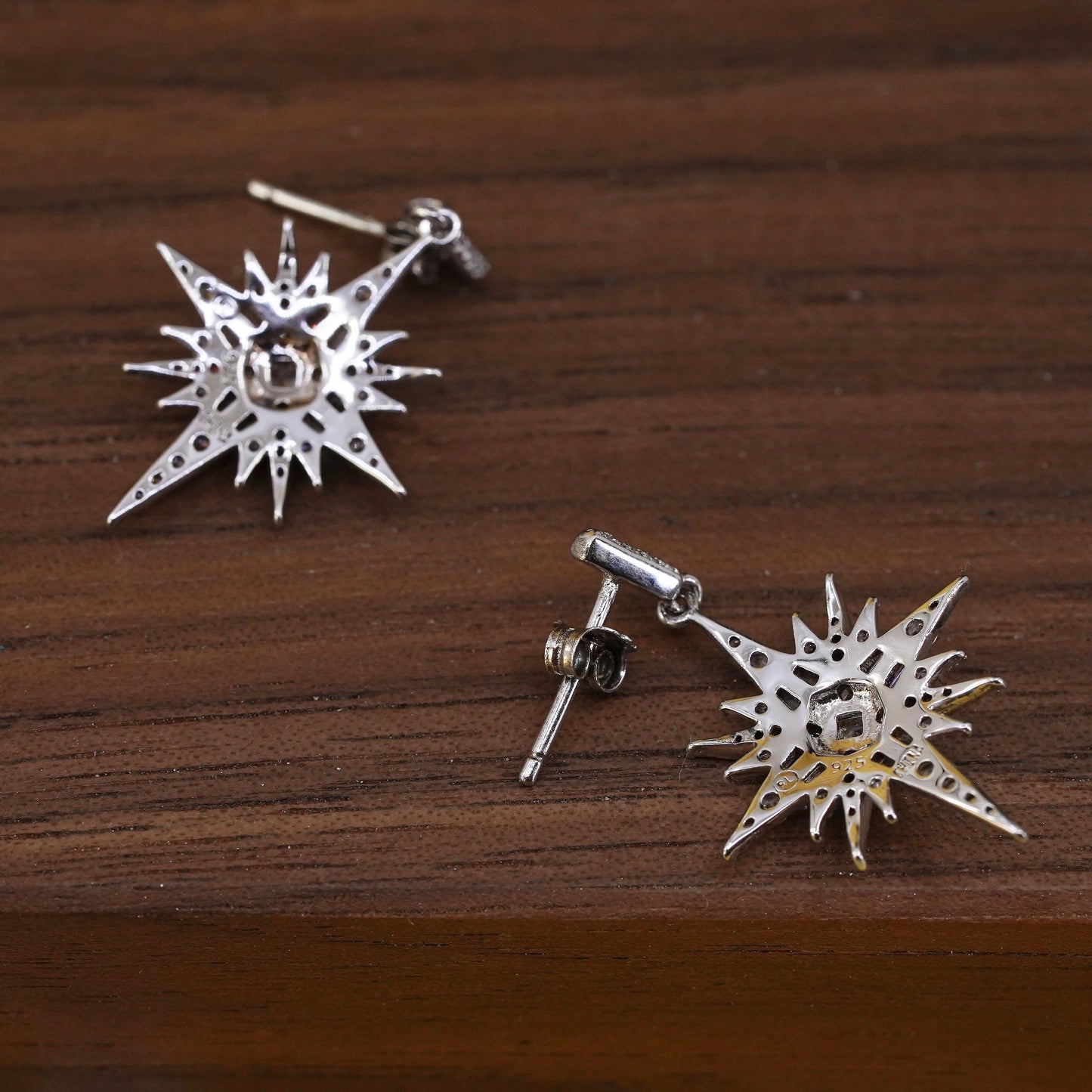 Vintage Sterling silver handmade earrings, 925 snowflake drops with cluster cz