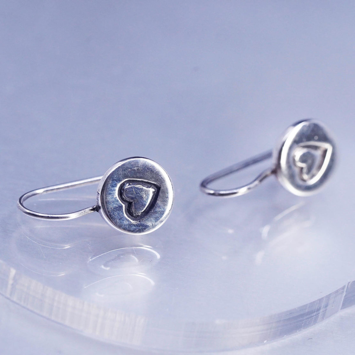 Vintage Sterling 925 silver handmade heart tag earrings