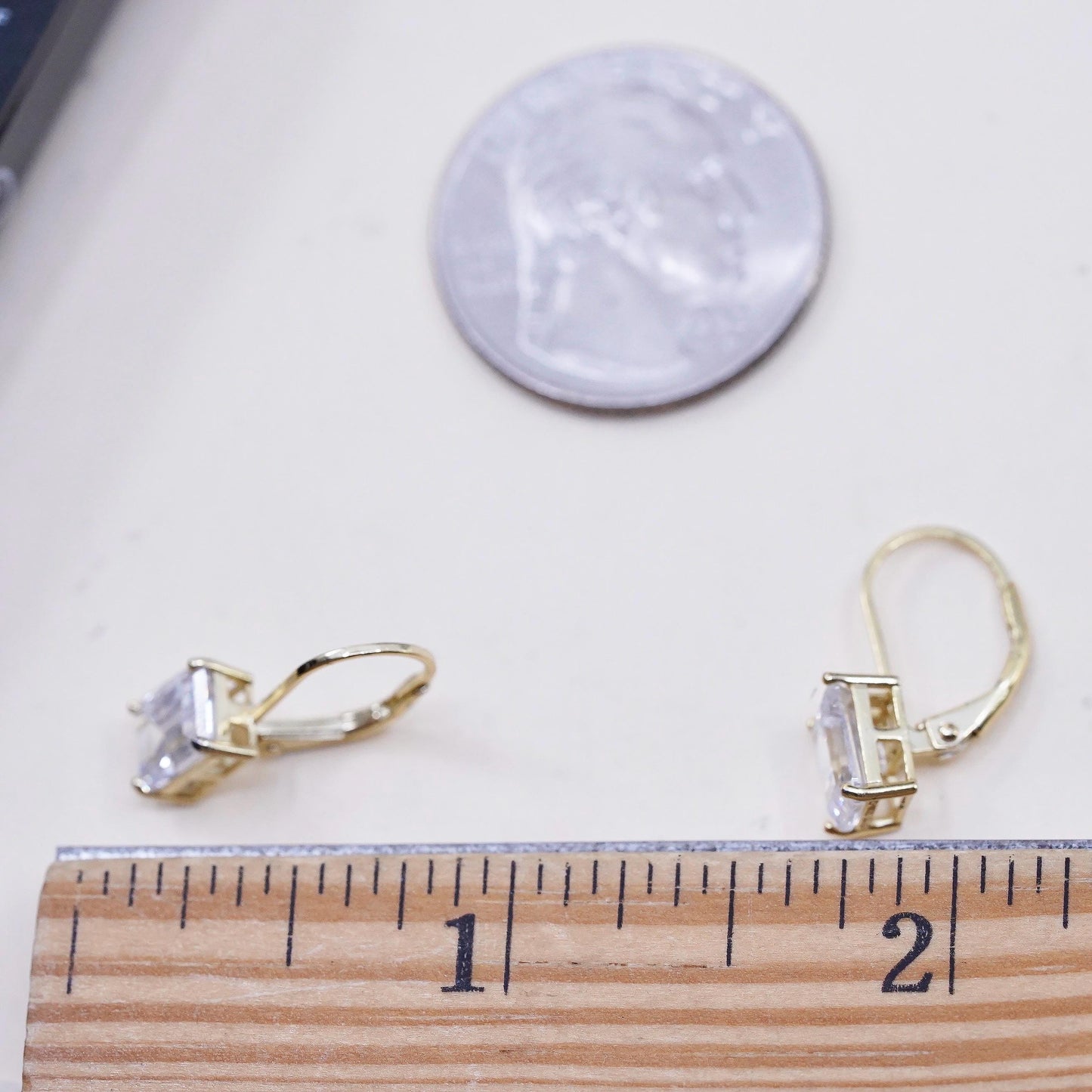 VTG Yellow Gold Plated Sterling Silver earrings, 925 dangles clear Cz leverback