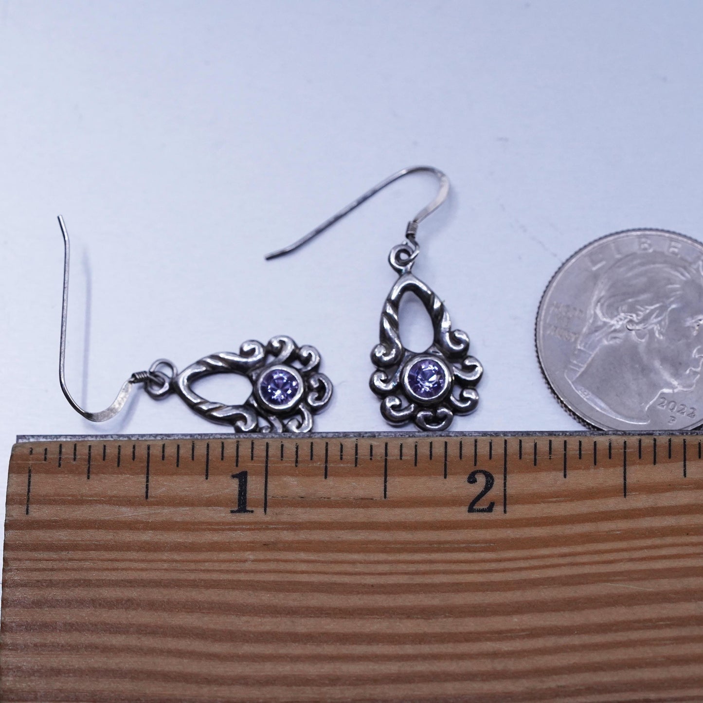 Vintage Sterling 925 silver handmade spiral earrings lavender purple crystal