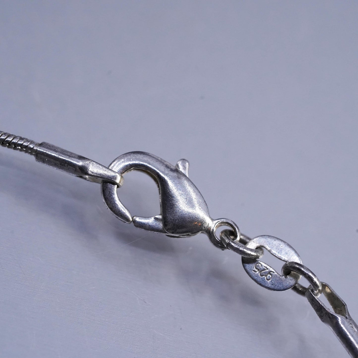 20", vintage Sterling 925 silver handmade snake necklace crystal heart pendant