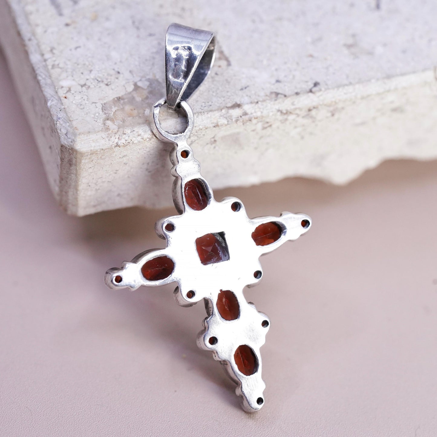 Vintage Sterling silver handmade pendant, 925 cluster ruby cross, stamped 925