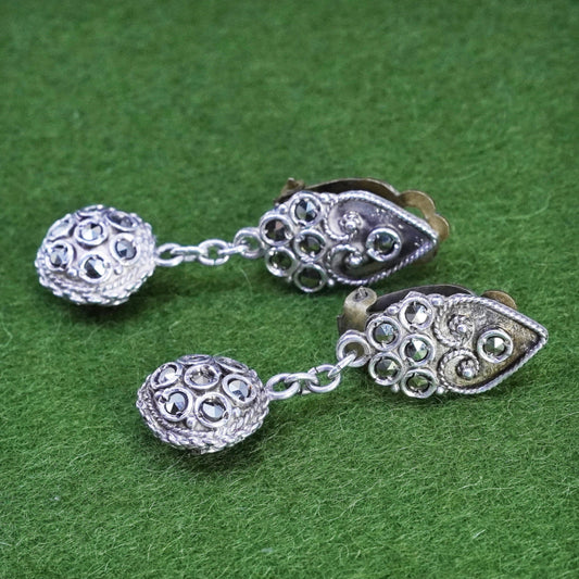 Vintage Sterling 925 silver handmade clip on earrings with Marcasite