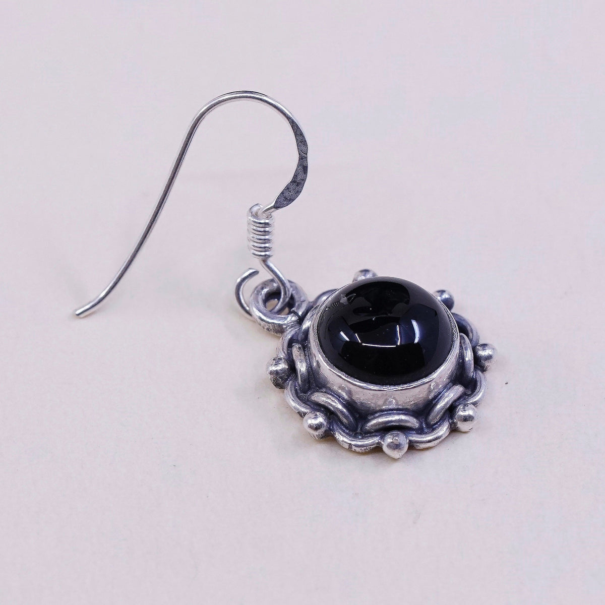 vtg Sterling silver handmade earrings, 925 drops w/ obsidian n beads