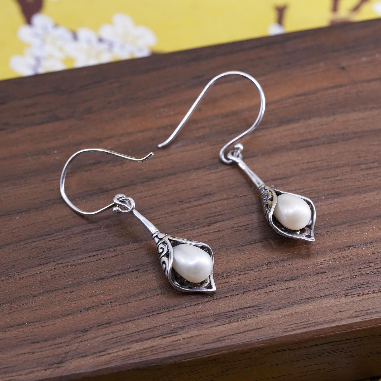 Sterling silver handmade earrings, 925 filigree teardrop drops with pearl