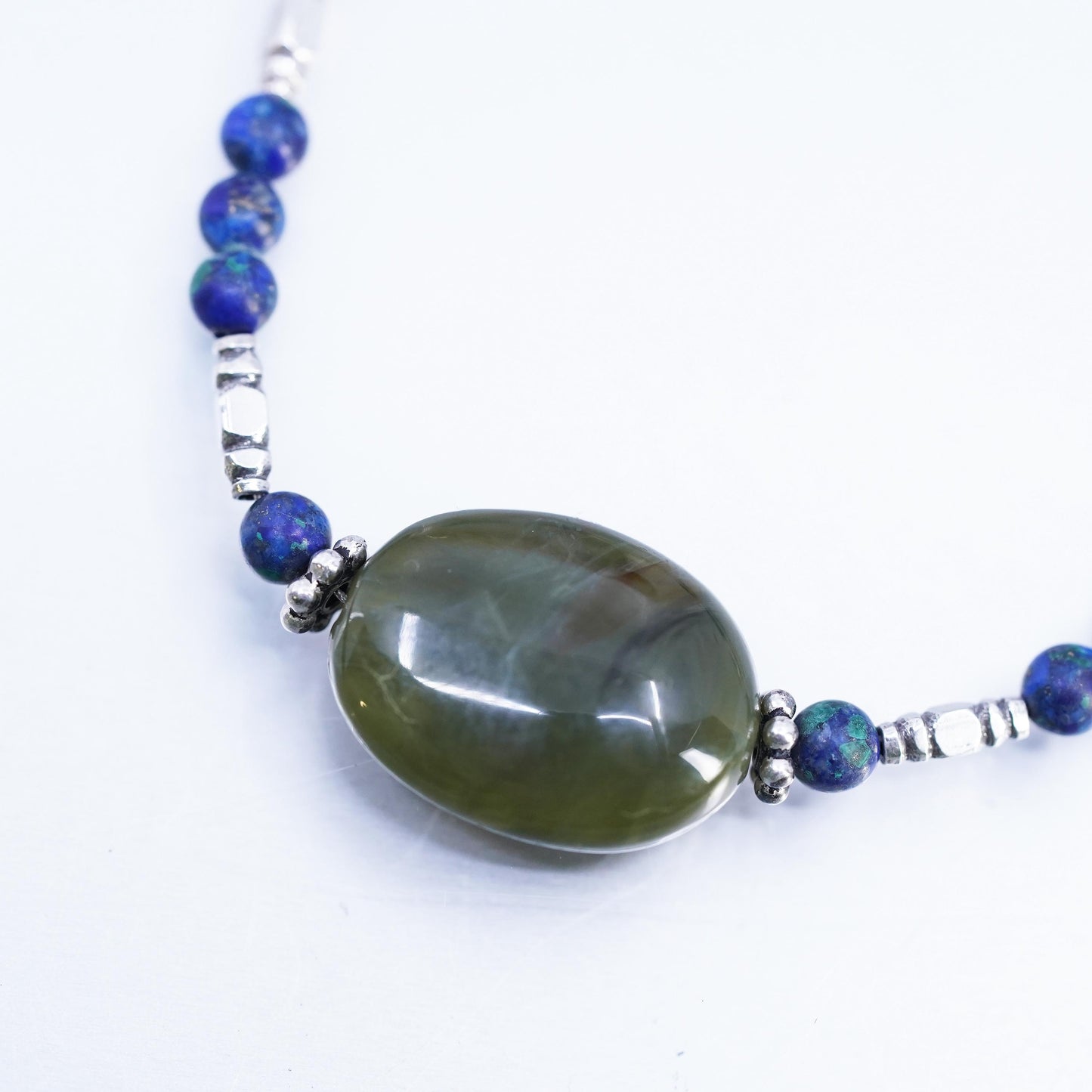 7.75", Vintage Sterling 925 Silver Handmade ammonite Bead Bracelet Jade charm