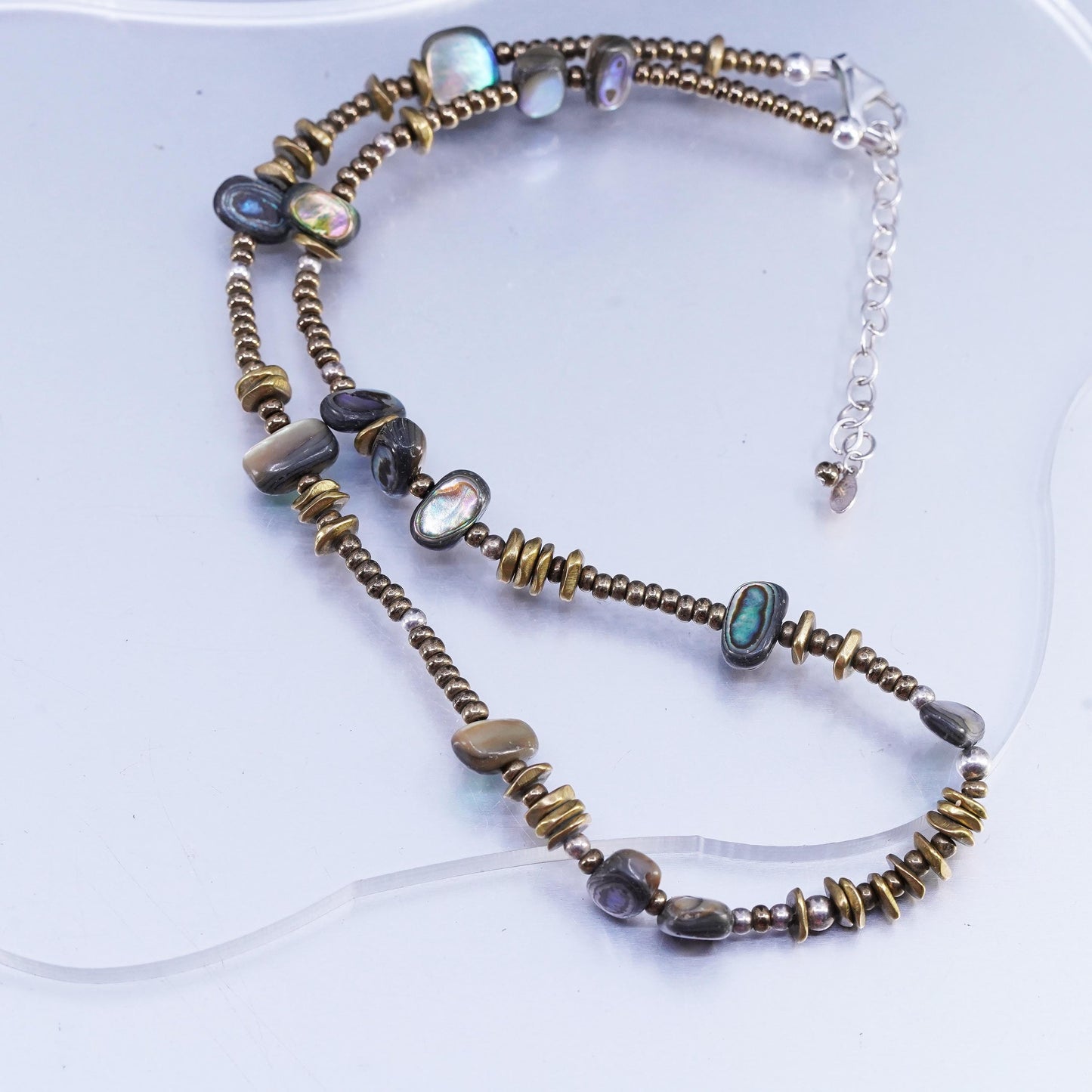17+2", vintage 925 Sterling 925 Silver Necklace with brass and abalone beads