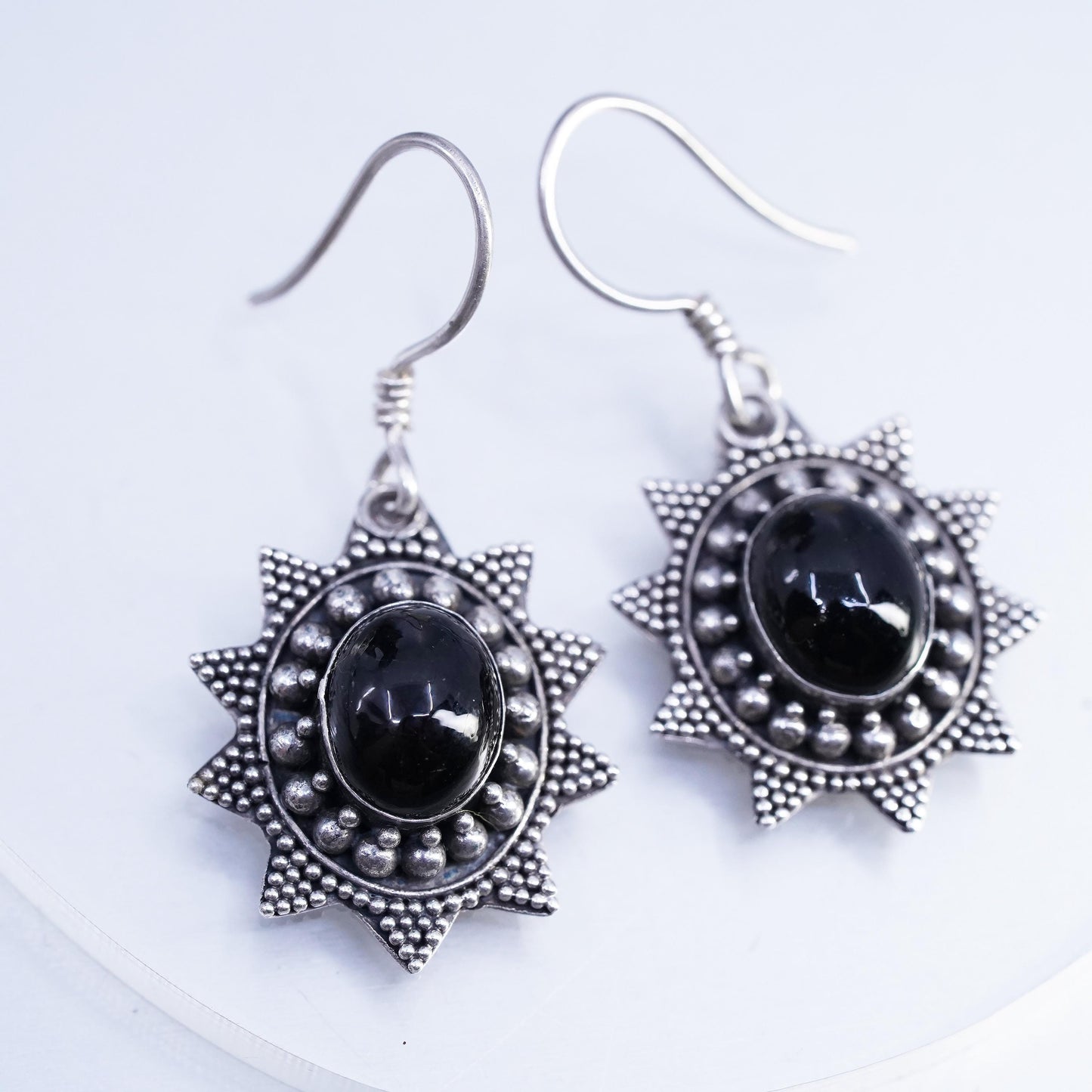 Vintage Sterling 925 silver handmade oval earrings with onyx and beads