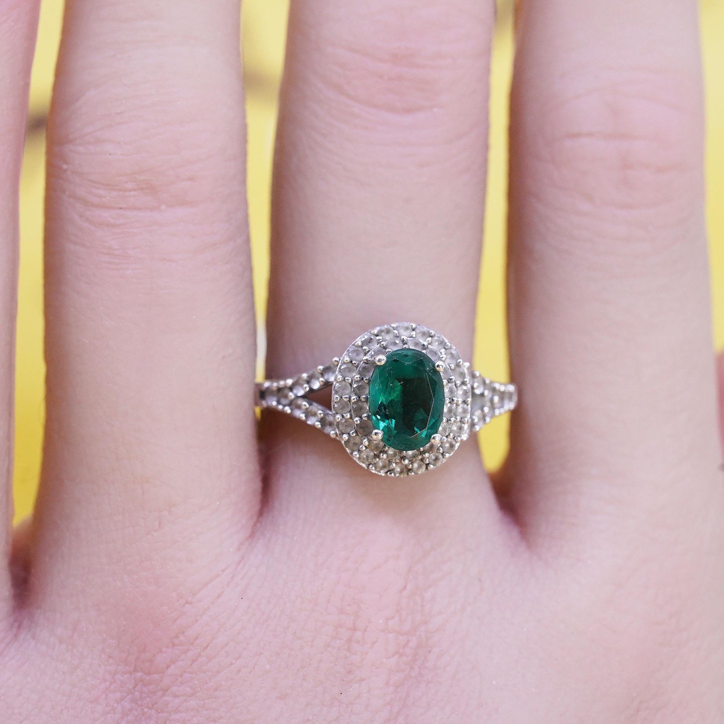 Size 9.25, Halo Green Emerald Sterling Silver 925 Split Shank Cocktail Ring