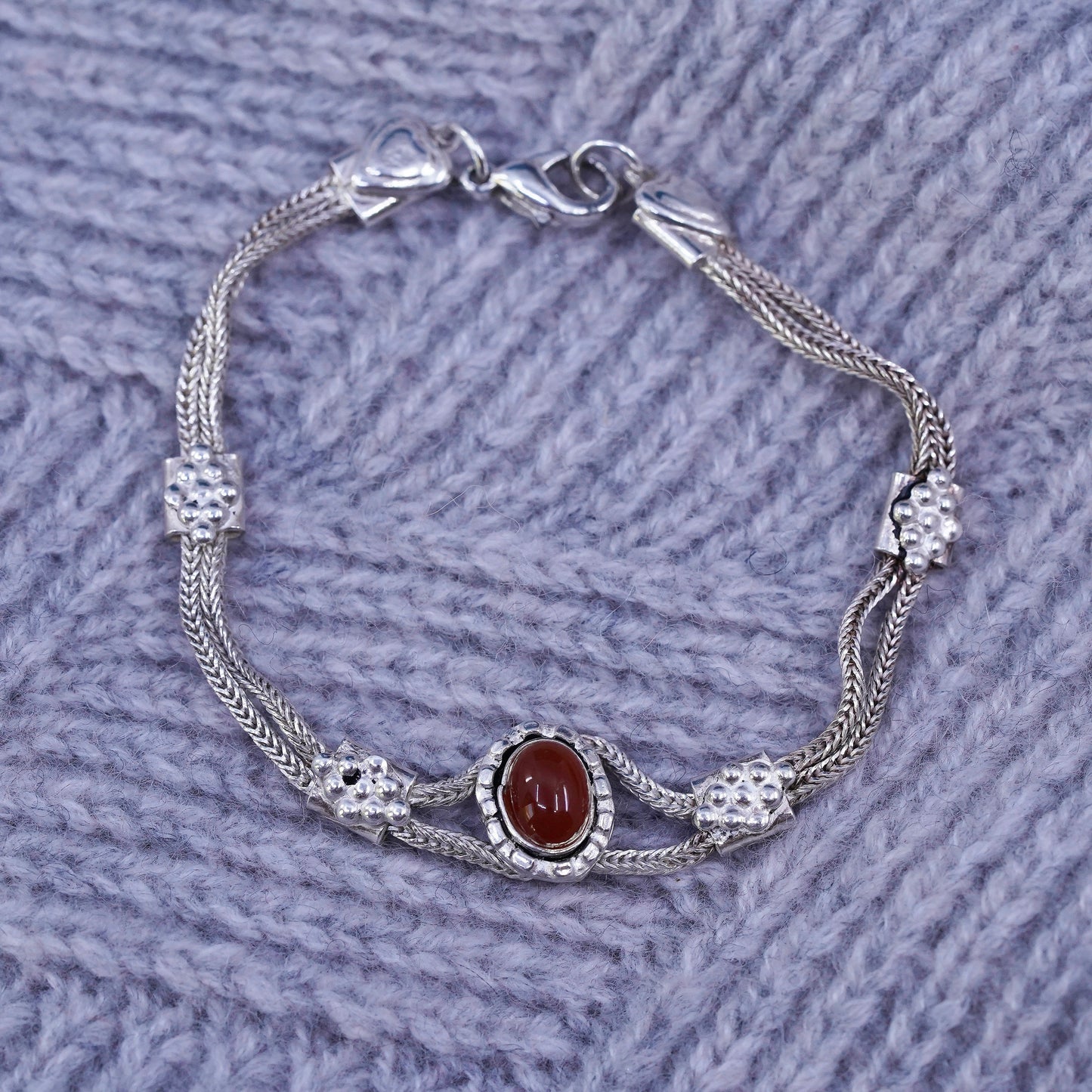 7”, vintage Sterling silver handmade bracelet, 925 wheat chain with carnelian