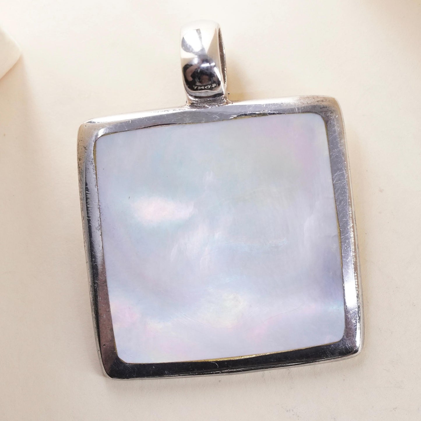 Vintage sterling 925 silver handmade square pendant with mother of pearl inlay
