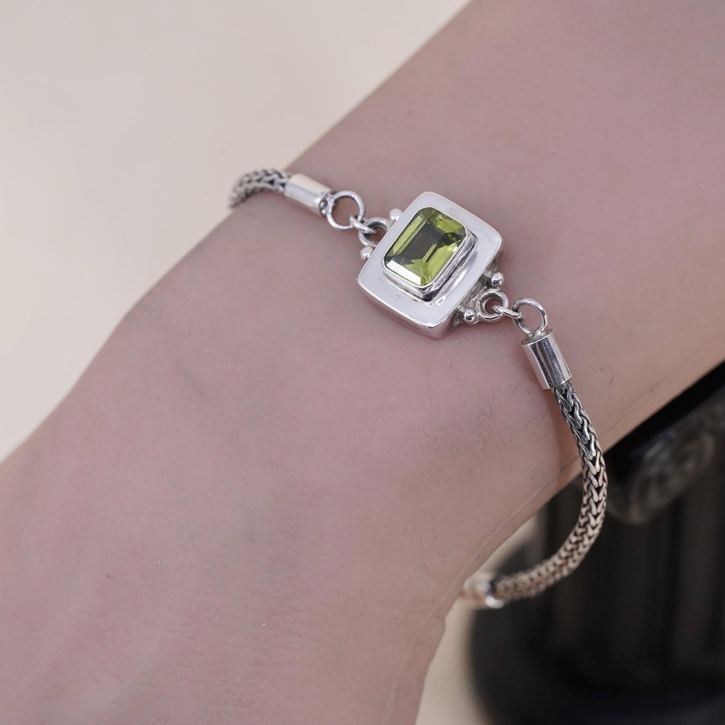7”, vintage sterling silver bracelet, 925 wheat chain emerald cut peridot