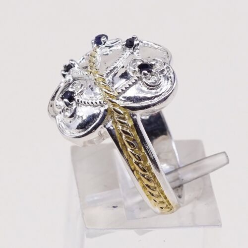 Size 7.25, Vtg Two Tone Sterling 925 Silver Handmade Ring W/ Leaves N Sapphire