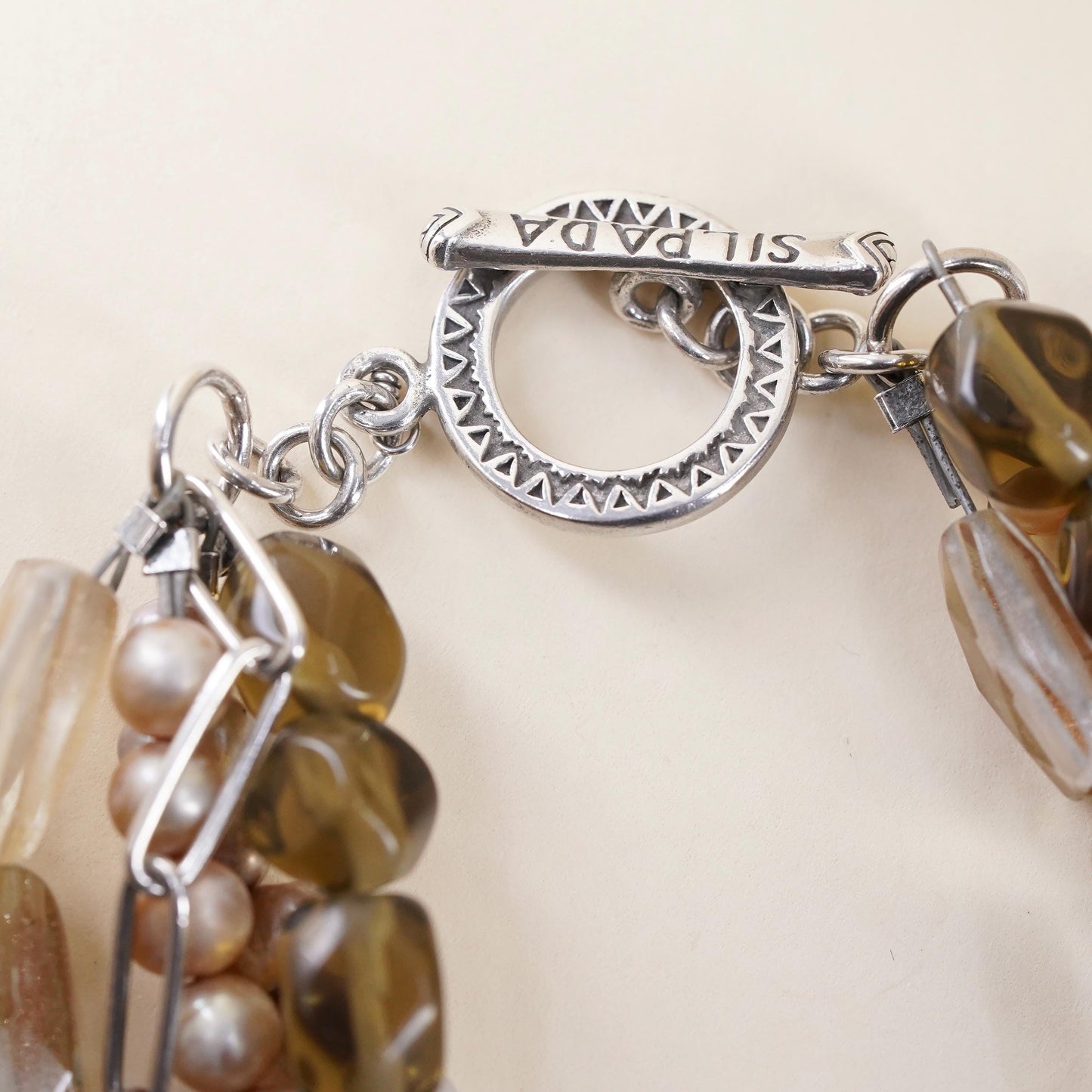 7”, B1412 Silpada sterling silver 925 pearls smokey quartz 5 strands bracelet