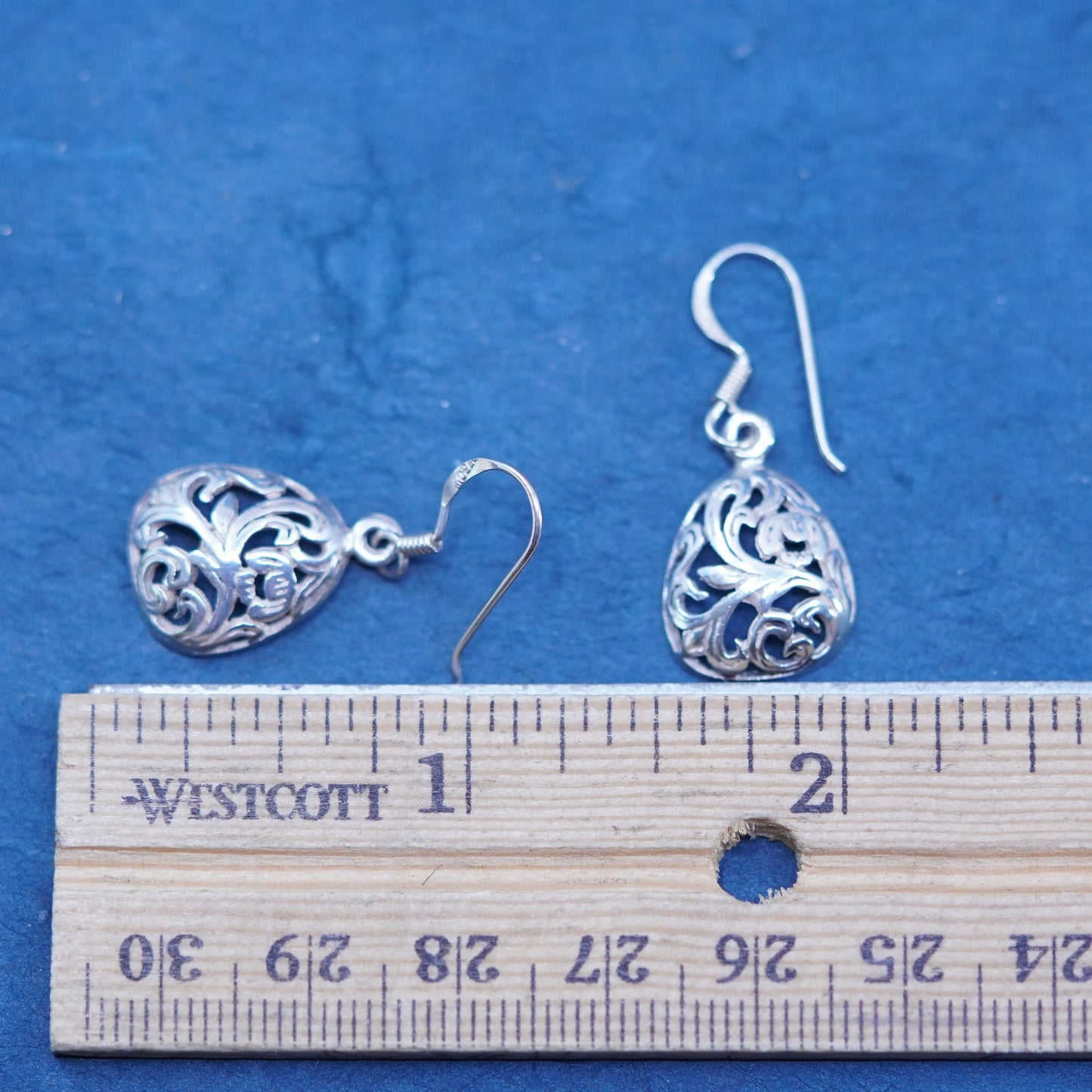 Vintage sterling silver handmade earrings, 925 filigree flower drop