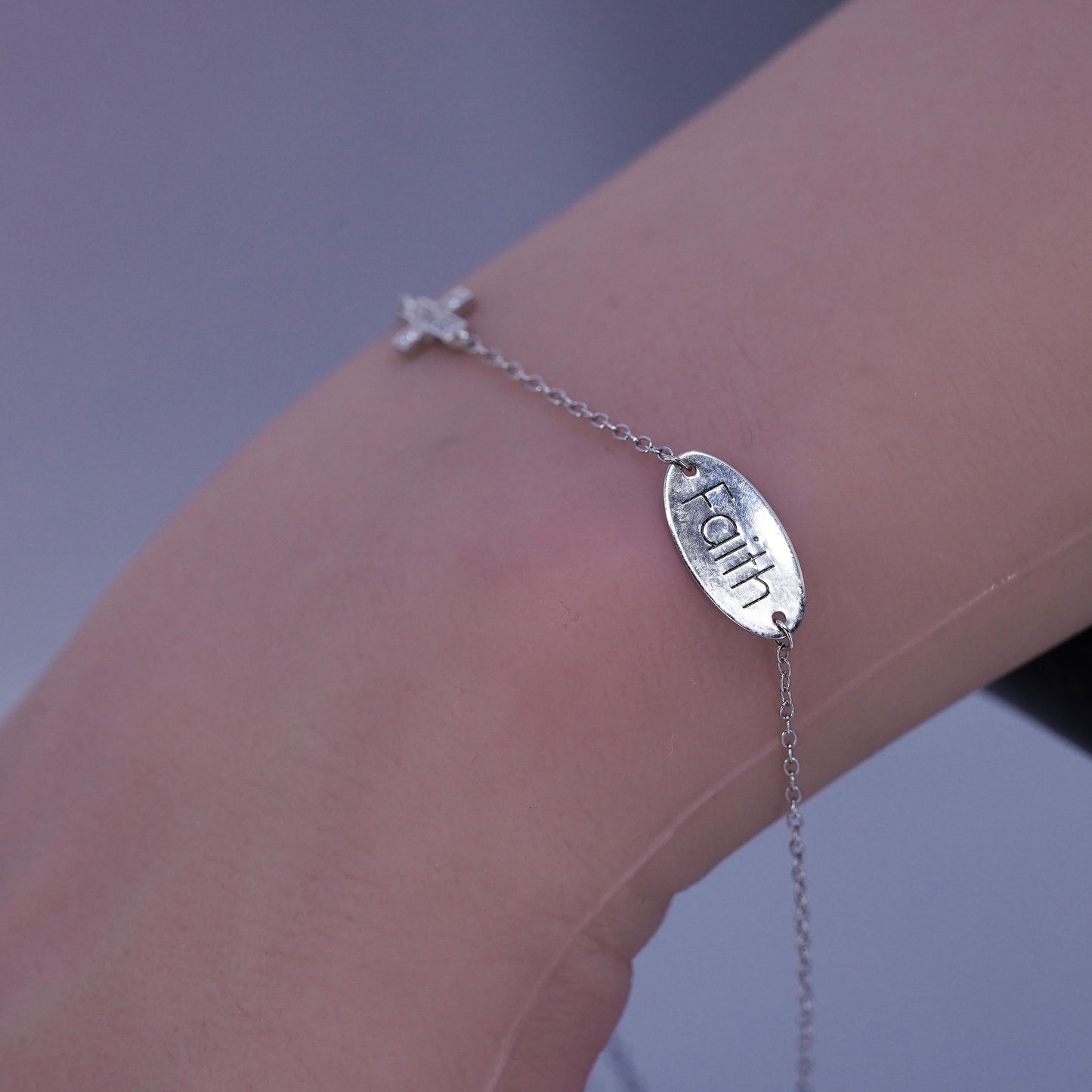 8.5+1”. Jewelry Sterling 925 silver bracelet, circle chain cross faith charms