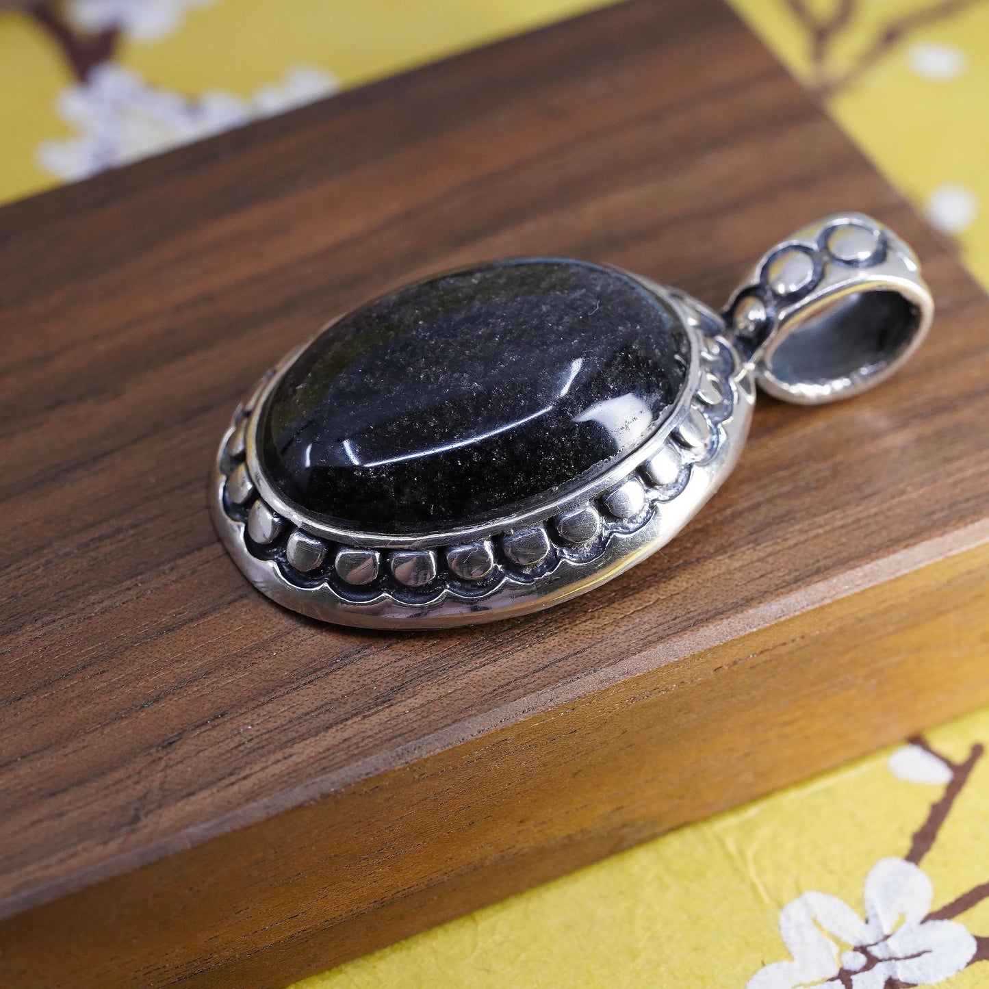 Vintage Mexico 925 Sterling Silver Black Pendant, Oval Cabochon Statement Charm