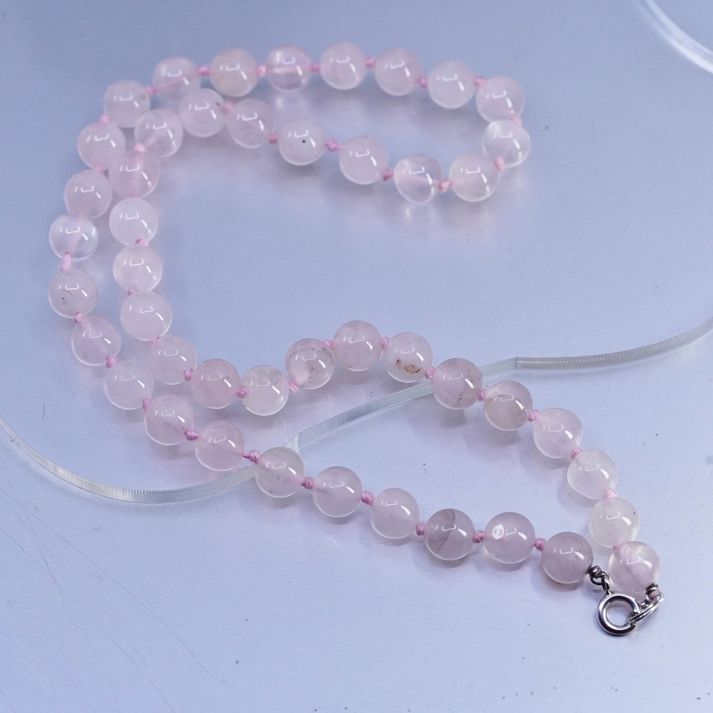 18" 8mm Vintage Pink Rose Quartz Beads necklace with sterling 925 silver clasp