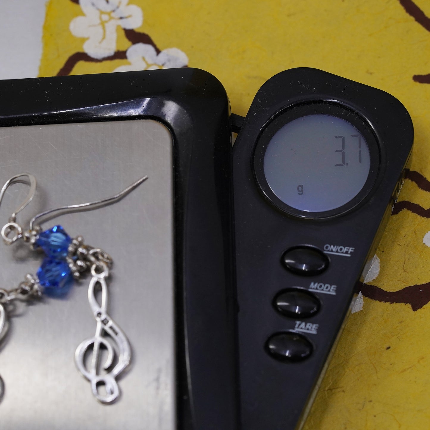 Vintage Sterling silver handmade earrings, 925 music note with blue crystal