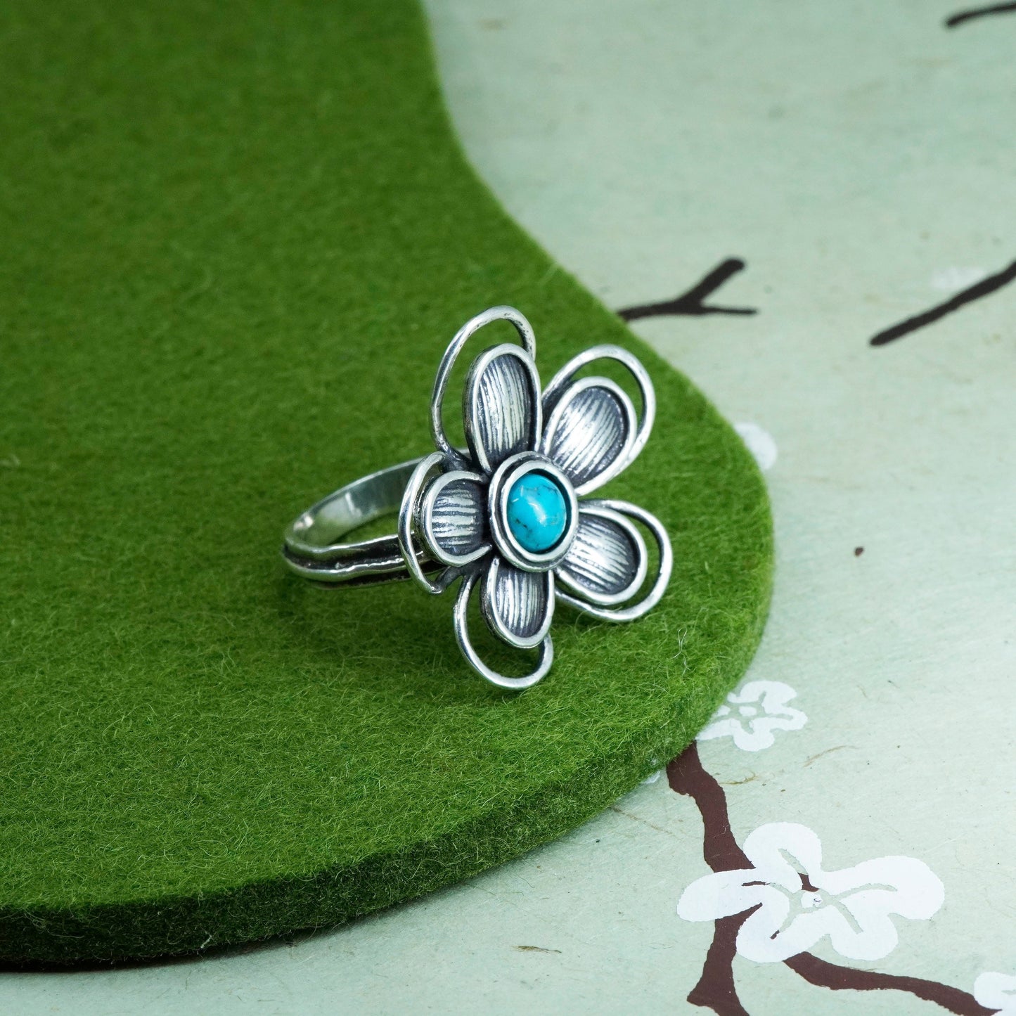 Size 9, Israel Sterling silver ring, 925 flower statement ring turquoise